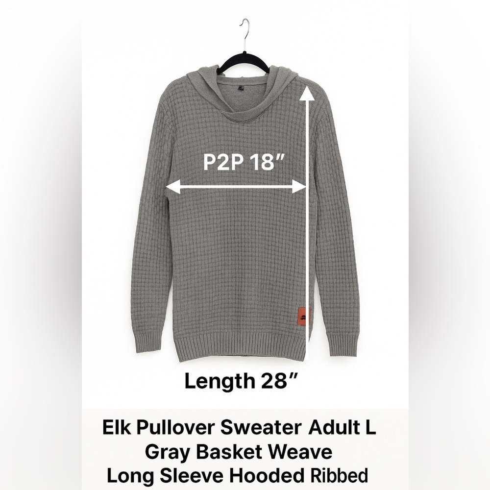 🦌 Elk Women’s Pullover Sweater L Gray Basket Weave Hooded Ribbed Knit
